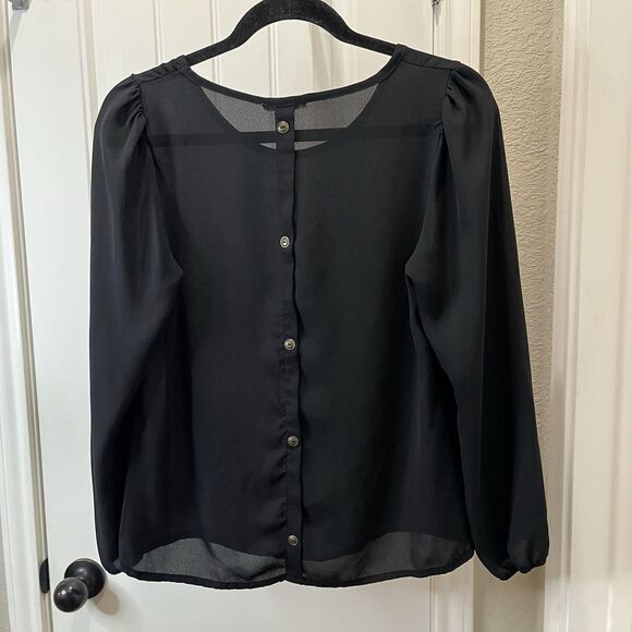 Tea N Rose Black Sheer Faux Back Button Long Sleeve Top Boho Womens Size M - Picture 6 of 8